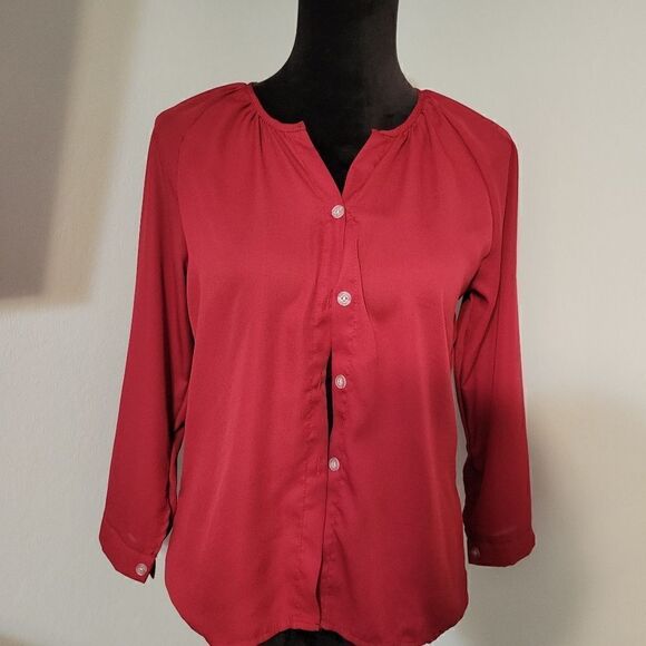 None Tops - Women's Red Long Sleeve Split V-Neck Button-Down Shirt Size M